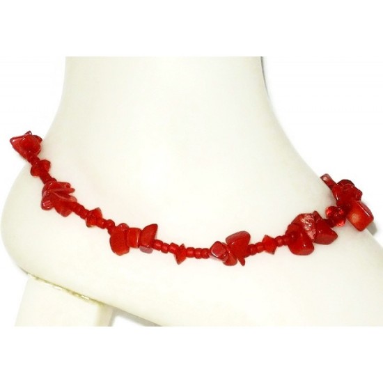  Red Ankle Bracelet with Red Coral Chip Beads