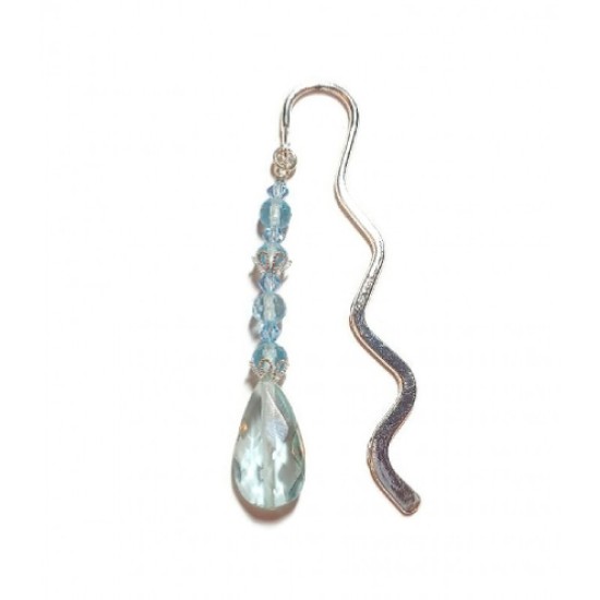 Aqua Quartz and Crystal Beaded Bookmark with Faceted Teardrop Quartz Bead