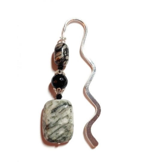 Black and Gray Beaded Bookmark with Rectangle Jasper Bead