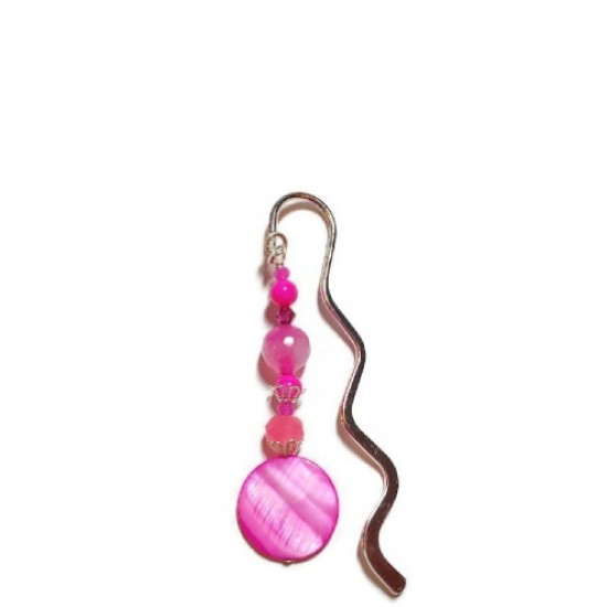 Fuchsia Beaded Bookmark with Coin-Shaped Mother-of-Pearl Bead