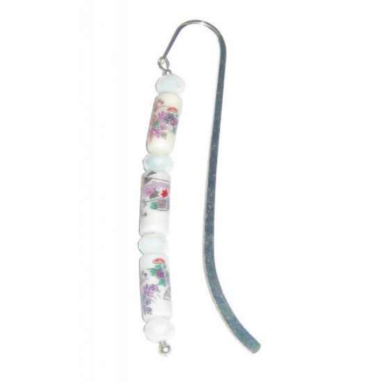 White Porcelain Bookmark with Multicolored Floral Prints and Crystals