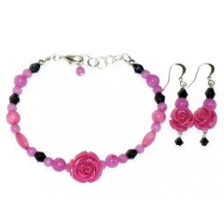 Hot Pink and Black Bracelet and Earring Set with Rose Flower