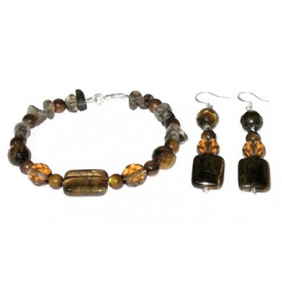 Brown Tiger Eye and Smokey Quartz Bracelet Set