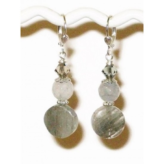 Gray Beaded Drop Earrings with Quartz Beads
