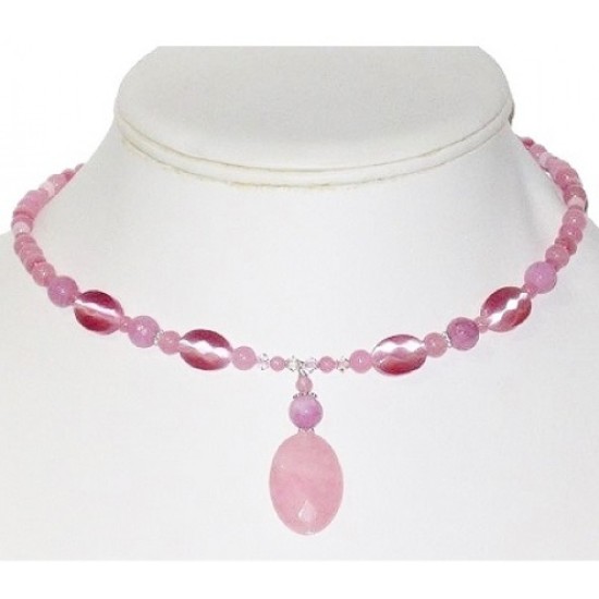 Pink Choker and Earring Set with Faceted Jade Pendant