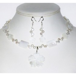 White Bridal Earrings and Choker with Mother-of-Pearl Flower Pendant