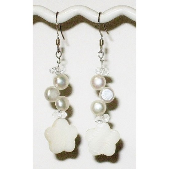 White Bridal Earrings and Choker with Mother-of-Pearl Flower Pendant