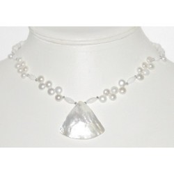 White Freshwater Pearl, Mother-of-Pearl and Crystal Bridal/Formal Wear Choker with Fan Pendant