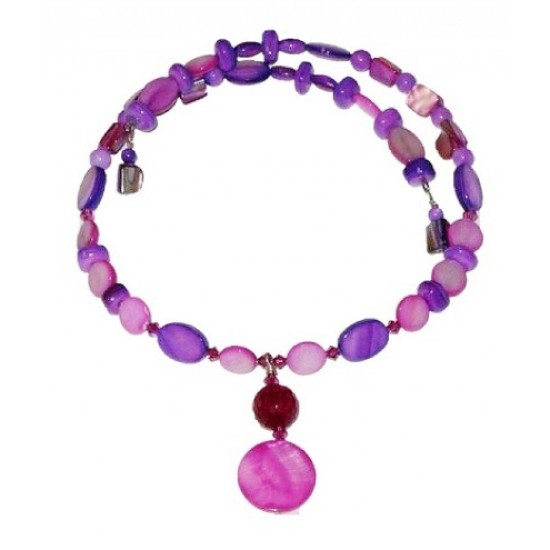 Fuchsia and Purple Mother-of-Pearl and Agate Choker and Earrings Set with Swarovski Crystals