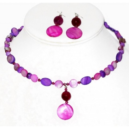 Fuchsia and Purple Mother-of-Pearl and Agate Choker and Earrings Set with Swarovski Crystals