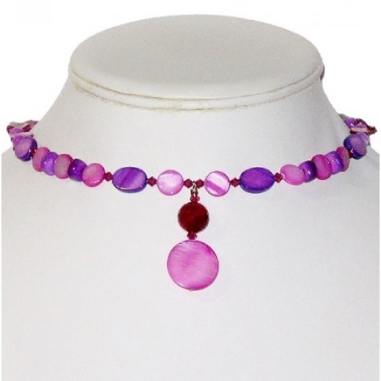 Fuchsia and Purple Mother-of-Pearl and Agate Choker and Earrings Set with Swarovski Crystals