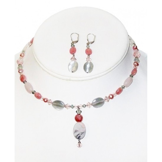 Rose and Grey Choker and Earring Set with Semi Precious Beads
