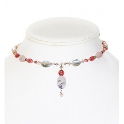Rose and Grey Choker and Earring Set with Semi Precious Beads