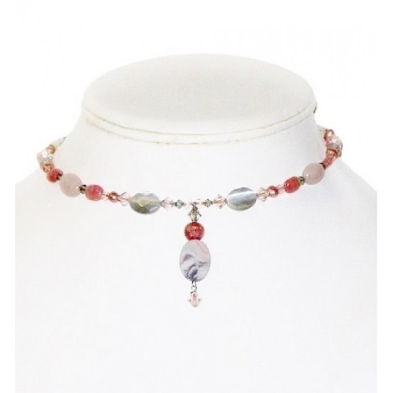 Rose and Grey Choker and Earring Set with Semi Precious Beads