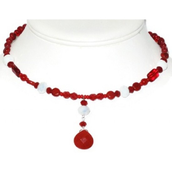  Red and White Choker and Earring Set with Faceted Briolette Pendant