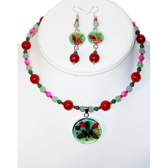 Green, Fuchsia, Red and Cranberry Choker Set with Flowers