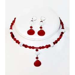  Red and White Choker and Earring Set with Faceted Briolette Pendant
