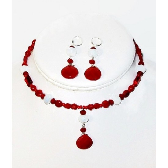  Red and White Choker and Earring Set with Faceted Briolette Pendant