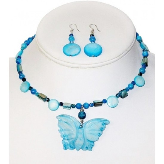 Turquoise Mother-of-Pearl and Jade Butterfly Choker with Earrings Set