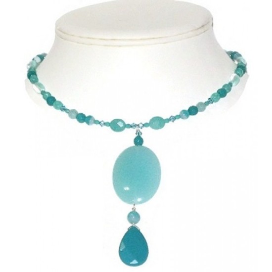Aqua and Teal Blue Choker with Chalcedony and Jade Drop Pendant