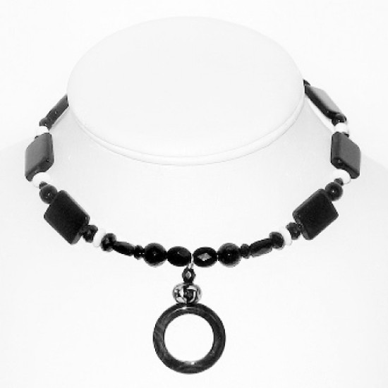 Black and White Choker with Black Onyx Donut Pendant