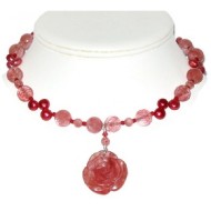 Cherry Quartz and Freshwater Pearl Necklace with Flower Pendant
