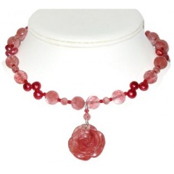 Cherry Quartz and Freshwater Pearl Choker with Flower Pendant