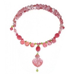 Pink Cherry Quartz  and Green Crystal Choker with Heart-Shaped Pendant