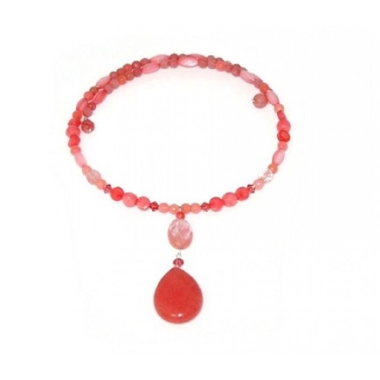 Red Peach, Coral and Pink Choker with Faceted Briolette Pendant
