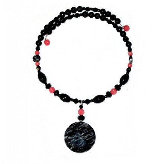 Black, Gray and Coral Choker with Jasper Pendant