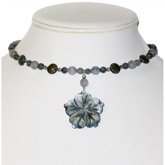 Gray Choker with Bluish Gray Flower Pendant