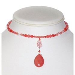 Red Peach, Coral and Pink Choker with Faceted Briolette Pendant