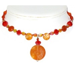 Orange Choker with Jade and Crystal Pendant