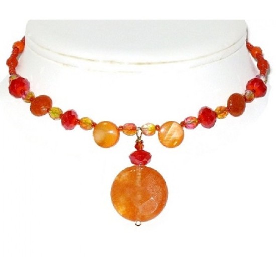 Orange Choker with Jade and Crystal Pendant