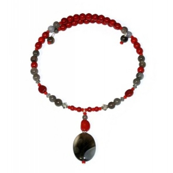 Red and Gray Choker with Botswana Drop Pendant