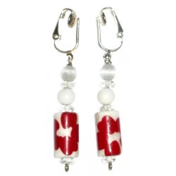 White and Red Porcelain Clip-On Earrings with Flower Design