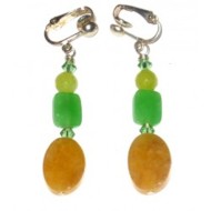 Yellow Jade and Green Faceted Quartz Clip On Earrings with Crystals
