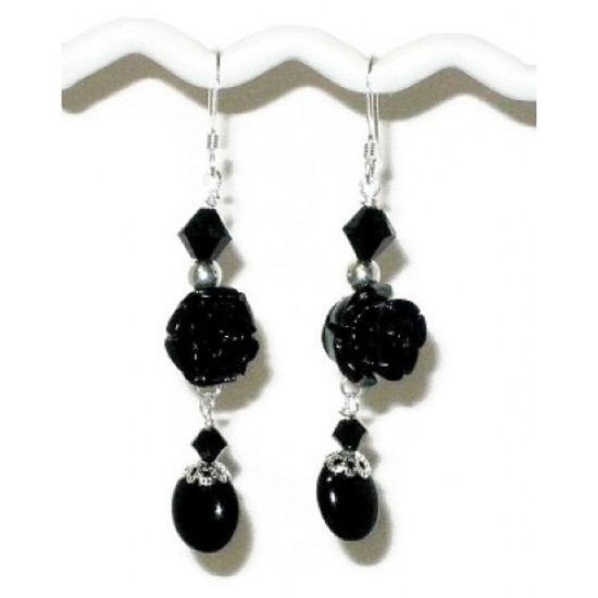 Black Carved Flower Earrings 