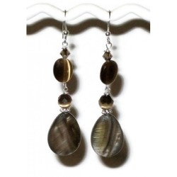 Brown Dangle Earrings with Pear-shaped Mother-of-Pearl Beads