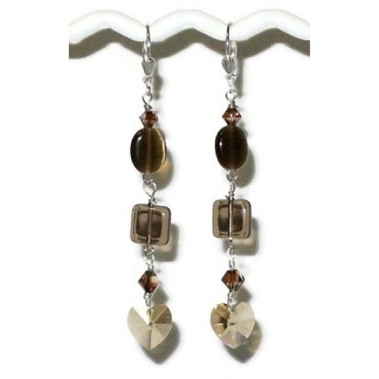 Brown and Golden Shadow Crystal Heart Earrings