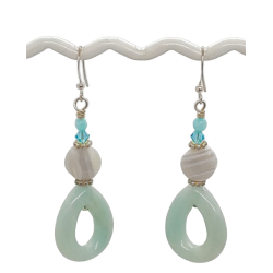 Mint Green, White and Gray Earrings with Teardrop Beads