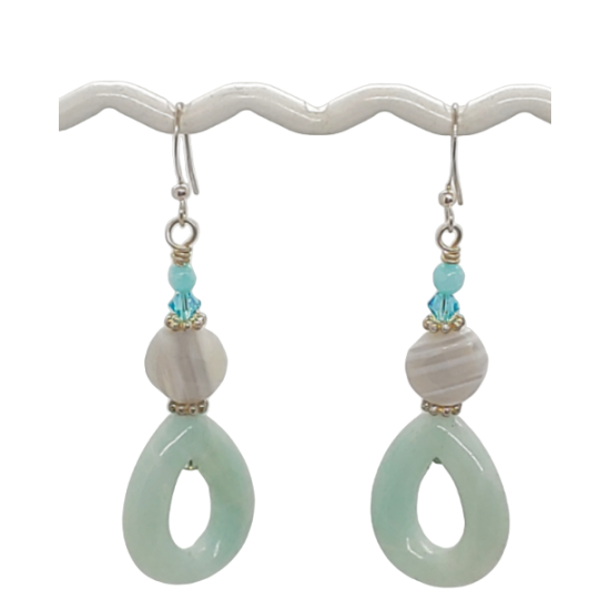 Mint Green, White and Gray Earrings with Teardrop Beads