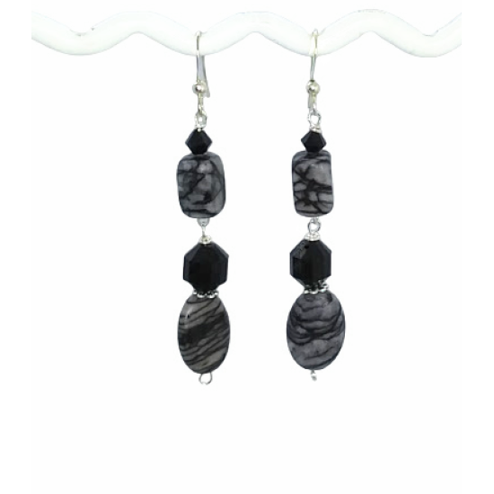Black and Gray Earrings with Zebra Jasper Beads