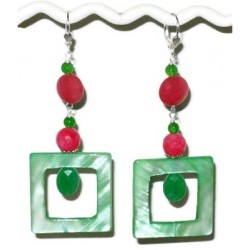 Green and Watermelon Pink Jade and Mother-of-Pearl Earrings