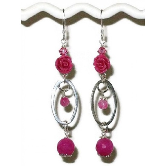Hot Pink Sterling Silver Earrings with Carved Flowers