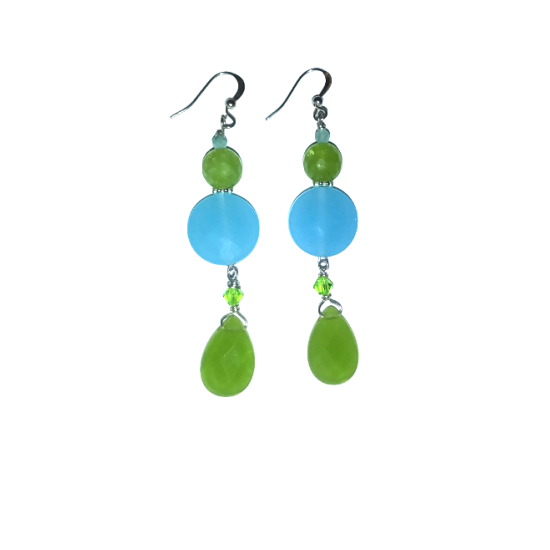 Elegant Sky Blue and Lime and Kelly Green Teardrop Earrings