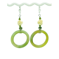Olive Green Jade Hoop Earrings with Cream Colored Flowers