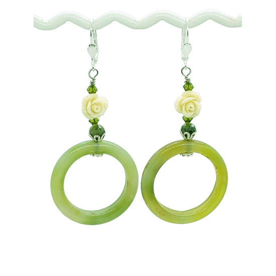 Olive Green Jade Hoop Earrings with Cream Colored Flowers