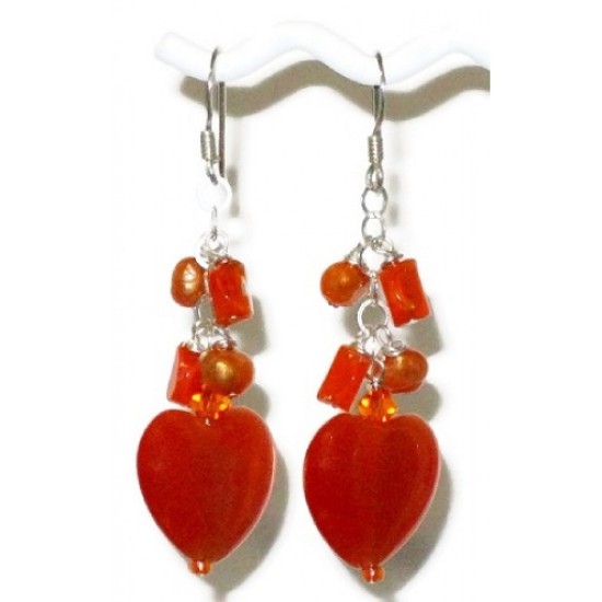 Orange Freshwater Pearl and Cats Eye Heart Earrings