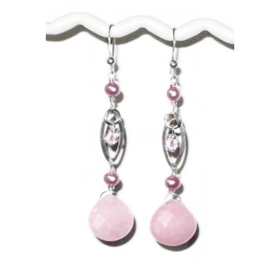 Pink Freshwater Pearl and Jade Marquise Sterling Silver Earrings